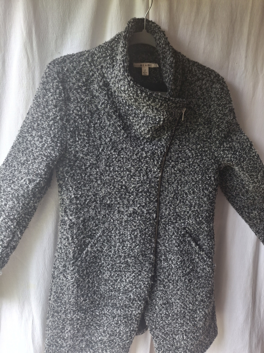 miami Black & White Bouclé Asymmetrical Zip Pea Coat